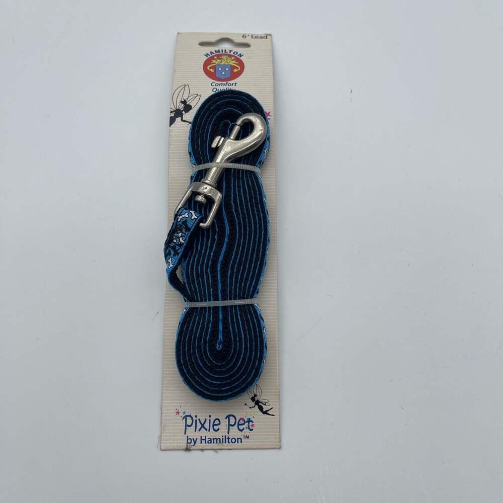 Hamilton Pixie‎ Pet 6' Lead Nylon Dog Leash W Bone Pattern Blue/Black 3/8" Wide
